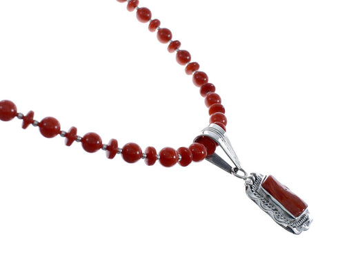 Native American Navajo Coral Bead Pendant Sterling Silver Necklace JX126570